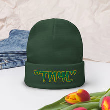 Load image into Gallery viewer, TM4L Beanie ON SALE ( Kelly Green Letters & Gold Outline )