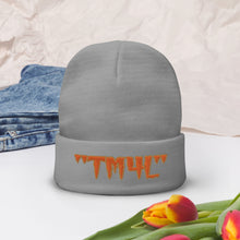 Load image into Gallery viewer, TM4L Beanie ON SALE ( Orange Letters & Old Gold Outline )