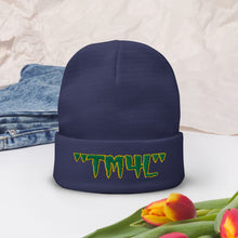 Load image into Gallery viewer, TM4L Beanie ON SALE ( Kelly Green Letters & Gold Outline )
