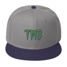 Load image into Gallery viewer, TMB Snapback Hat ( Green Letters & Blue Outline )
