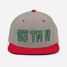 Load image into Gallery viewer, 93 TM 11 Snapback Hat ( Green Letters & Blue Outline )