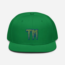 Load image into Gallery viewer, TM Snapback Hat ( Green Letters & Blue Outline )