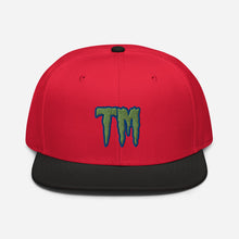 Load image into Gallery viewer, TM Snapback Hat ( Green Letters & Blue Outline )