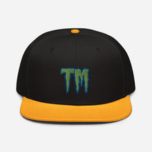 Load image into Gallery viewer, TM Snapback Hat ( Green Letters & Blue Outline )