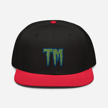 Load image into Gallery viewer, TM Snapback Hat ( Green Letters & Blue Outline )
