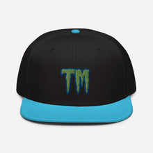 Load image into Gallery viewer, TM Snapback Hat ( Green Letters & Blue Outline )