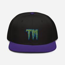 Load image into Gallery viewer, TM Snapback Hat ( Green Letters & Blue Outline )