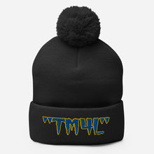Load image into Gallery viewer, TM4L Pom-Pom Beanie ( Blue Letters & Yellow Outline )