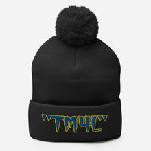 Load image into Gallery viewer, TM4L Pom-Pom Beanie ( Blue Letters & Yellow Outline )