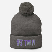 Load image into Gallery viewer, 93 TM 11 Pom-Pom Beanie ( Purple Letters & Grey Outline )