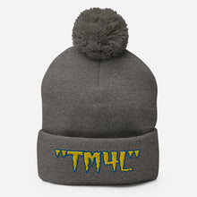 Load image into Gallery viewer, TM4L Pom-Pom Beanie ( Yellow Letters & Blue Outline )