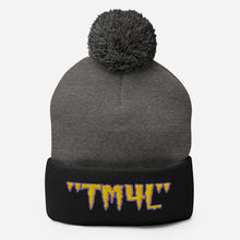 Load image into Gallery viewer, TM4L Pom-Pom Beanie ( Gold Letters & Purple Outline )