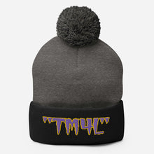 Load image into Gallery viewer, TM4L Pom-Pom Beanie ( Purple Letters & Yellow Outline )