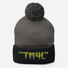 Load image into Gallery viewer, TM4L Pom-Pom Beanie ( Yellow Letters & Blue Outline )