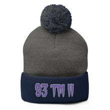 Load image into Gallery viewer, 93 TM 11 Pom-Pom Beanie ( Purple Letters & Grey Outline )