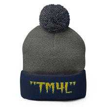 Load image into Gallery viewer, TM4L Pom-Pom Beanie ( Yellow Letters & Blue Outline )