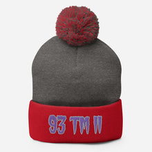Load image into Gallery viewer, 93 TM 11 Pom-Pom Beanie ( Purple Letters & Grey Outline )
