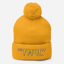 Load image into Gallery viewer, TM4L Pom-Pom Beanie ( Gold Letters & Purple Outline )