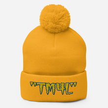 Load image into Gallery viewer, TM4L Pom-Pom Beanie ( Yellow Letters & Blue Outline )