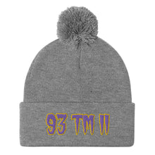 Load image into Gallery viewer, 93 TM 11 Pom-Pom Beanie ( Purple Letters & Gold Outline )