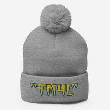 Load image into Gallery viewer, TM4L Pom-Pom Beanie ( Yellow Letters & Blue Outline )