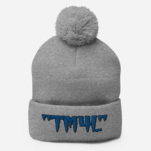 Load image into Gallery viewer, TM4L Pom-Pom Beanie ( Blue Letters & Black Outline )