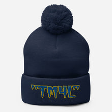 Load image into Gallery viewer, TM4L Pom-Pom Beanie ( Blue Letters & Yellow Outline )