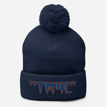 Load image into Gallery viewer, TM4L Pom-Pom Beanie ( Blue Letters & Orange Outline )