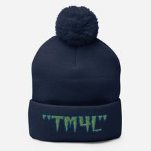 Load image into Gallery viewer, TM4L Pom-Pom Beanie ( Green Letters & Blue Outline )