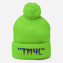 Load image into Gallery viewer, TM4L Pom-Pom Beanie ( Blue Letters & Yellow Outline )