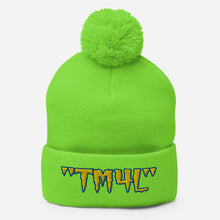 Load image into Gallery viewer, TM4L Pom-Pom Beanie ( Yellow Letters & Blue Outline )