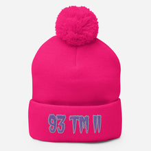Load image into Gallery viewer, 93 TM 11 Pom-Pom Beanie ( Purple Letters & Grey Outline )