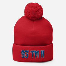 Load image into Gallery viewer, 93 TM 11 Pom-Pom Beanie ( Blue Letters & Grey Outline )