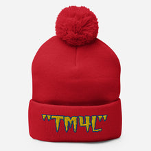 Load image into Gallery viewer, TM4L Pom-Pom Beanie ( Yellow Letters & Blue Outline )