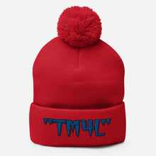 Load image into Gallery viewer, TM4L Pom-Pom Beanie ( Blue Letters & Black Outline )