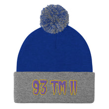 Load image into Gallery viewer, 93 TM 11 Pom-Pom Beanie ( Purple Letters & Gold Outline )