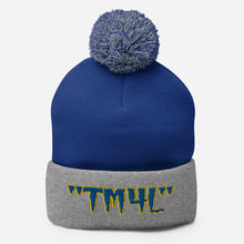 Load image into Gallery viewer, TM4L Pom-Pom Beanie ( Blue Letters & Yellow Outline )