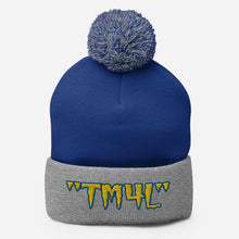 Load image into Gallery viewer, TM4L Pom-Pom Beanie ( Yellow Letters & Blue Outline )