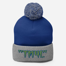Load image into Gallery viewer, TM4L Pom-Pom Beanie ( Green Letters & Blue Outline )