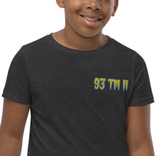 Load image into Gallery viewer, 93 TM 11 Youth Short Sleeve T-Shirt ( Yellow Letters & Powder Blue Outline )