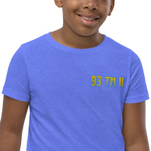 Load image into Gallery viewer, 93 TM 11 Youth Short Sleeve T-Shirt ( Yellow Letters & Powder Blue Outline )