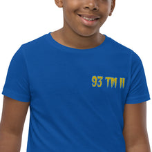 Load image into Gallery viewer, 93 TM 11 Youth Short Sleeve T-Shirt ( Yellow Letters & Powder Blue Outline )