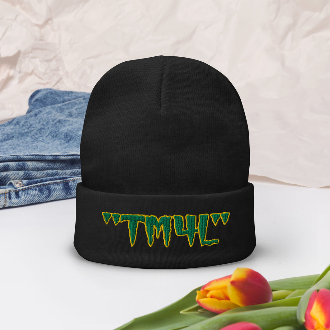 TM4L Beanie ON SALE ( Kelly Green Letters & Gold Outline )