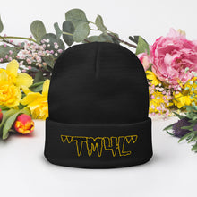 Load image into Gallery viewer, TM4L Beanie ON SALE ( Black Letters &amp; Gold Outline )

