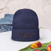 Load image into Gallery viewer, TM4L Beanie ON SALE ( Navy Blue Letters &amp; Old Gold Outline )
