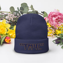 Load image into Gallery viewer, TM4L Beanie ON SALE ( Navy Blue Letters &amp; Old Gold Outline )
