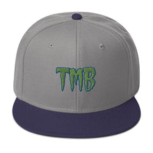 Load image into Gallery viewer, TMB Snapback Hat ( Green Letters &amp; Blue Outline )
