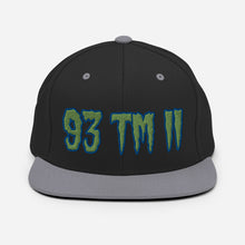 Load image into Gallery viewer, 93 TM 11 Snapback Hat ( Green Letters &amp; Blue Outline )
