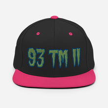 Load image into Gallery viewer, 93 TM 11 Snapback Hat ( Green Letters &amp; Blue Outline )
