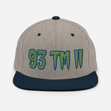 Load image into Gallery viewer, 93 TM 11 Snapback Hat ( Green Letters &amp; Blue Outline )
